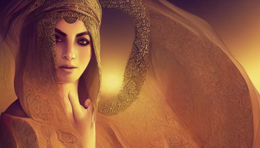 Image similar to Portrait of very very very very very very beautiful Arab woman wearing a Niqab, glowing magical eyes, energy trails, under giant full moon in the desert, intricate, elegant, highly detailed, digital painting, artstation, concept art, smooth, sharp focus, illustration, art by artgerm and greg rutkowski and alphonse mucha