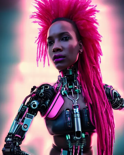 Image similar to portrait of a beautiful black woman with pink hair as a cyberpunk cyborg half robot, revealing wires and electronics, sci - fi, missing panels, intricate abstract upper body intricate artwork, concept art, octane render, deviantart, cinematic, key art, hyperrealism, iridescent accents, portrait photograph, nikon 3 5 mm, photograph by greg rutkowski