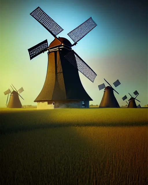 Prompt: hyper realistic, a large vintage painted artists backdrop of holland in the middle ages, with windmills, soft light, photo realistic, hyper detailed, 3 d sci fi render by beeple