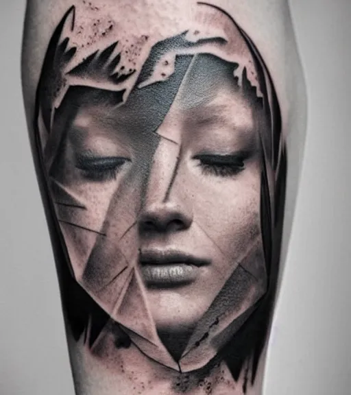 Prompt: tattoo design sketch of a beautiful mountain scenery with a faded beautiful woman face, hyper - realistic, double exposure effect, in the style of matteo pasqualin, amazing detail, black and white, faded