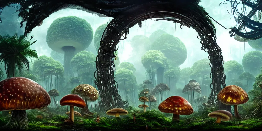 Prompt: a very colossal shining chrome metal arch is surrounded by jungles and mushrooms, retro - futuristic, science - fantasy, rusted, fungal, salt, lgbt, queer, rpg, epic, dungeons & dragons, sacred, sharp focus, award - winning, extremely detailed, 4 k, 8 k