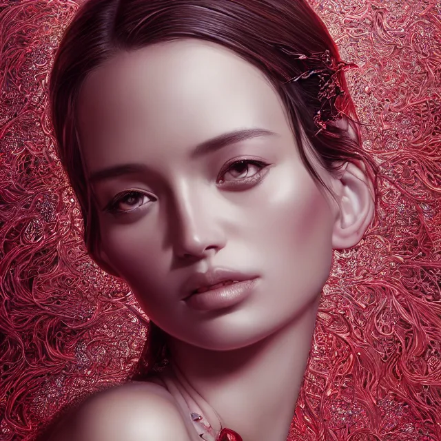 Image similar to studio portrait of absurdly beautiful, elegant, young woman made of rubies, ultrafine hyperrealistic detailed face illustration by kim jung gi, irakli nadar, intricate linework, sharp focus, bright colors, matte, octopath traveler, final fantasy, unreal engine highly rendered, global illumination, radiant light, intricate environment