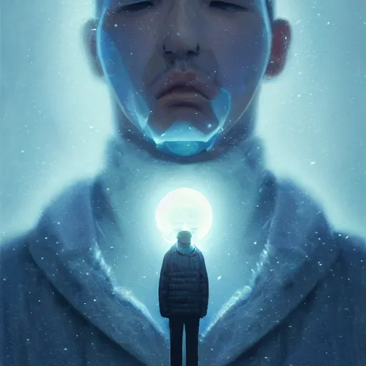 Prompt: 3 d, sci - fi, close - up, winter, man esthete with disgust face, moon rays, cinematic, fog, multiple exposure, deep blue mood, vogue cover style, poster art, intricate oil painting, high detail illustration, figurative art, poster art, by tooth wu and wlop and beeple and greg rutkowski