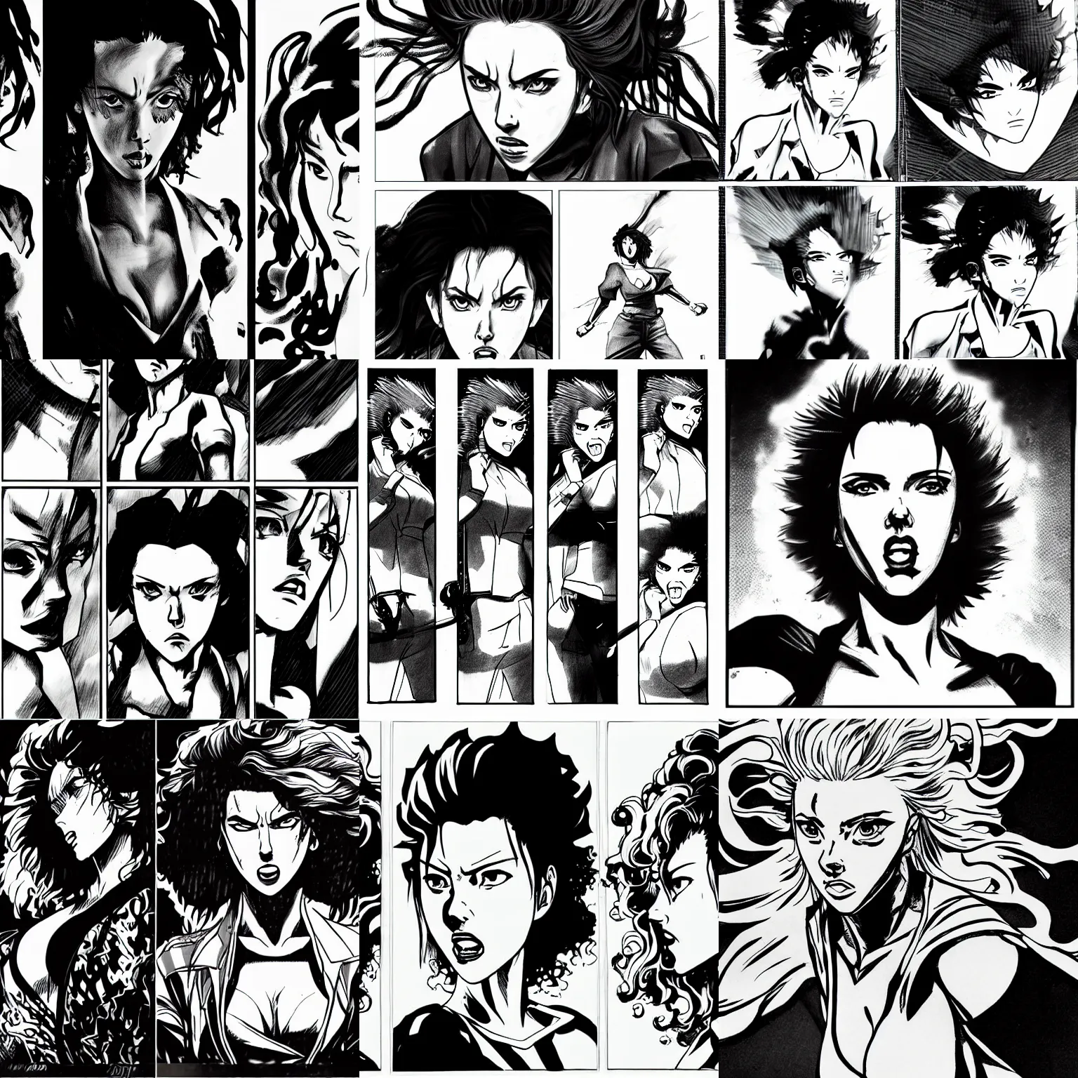 Prompt: 3 panels of scarlett johansson with angry expression, throwing punch, afro samurai anime. dramatic lighting, anime style, pencil and ink manga drawing,