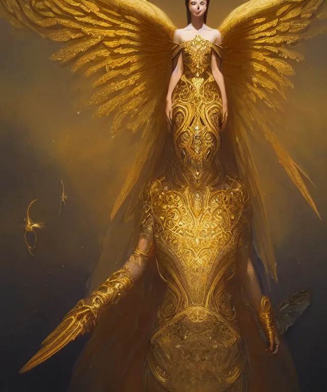 Prompt: a ultradetailed painting of a beautiful! empress, symmetrical features, golden ornate dress, angelic wings, magical realism, by greg rutkowski and karol bak, volumetric lighting, 4 k