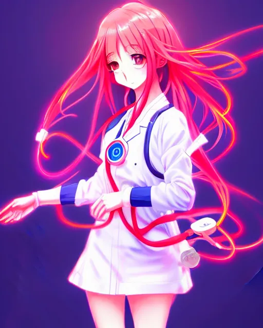Image similar to anime style, vivid, expressive, full body, 4 k, painting, a cute magical girl with a long wavy hair wearing a nurse outfit, correct proportions, stunning, realistic light and shadow effects, neon lights, studio ghibly makoto shinkai yuji yamaguchi