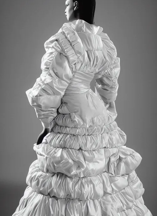 Image similar to an early 0 0's digital portrait of a beautiful girl detailed features wearing a wedding dress with a puffy skirt utility - chic trend. lots of zippers, pockets, synthetic materials, jumpsuits. by balenciaga and issey miyake by ichiro tanida and armin vit