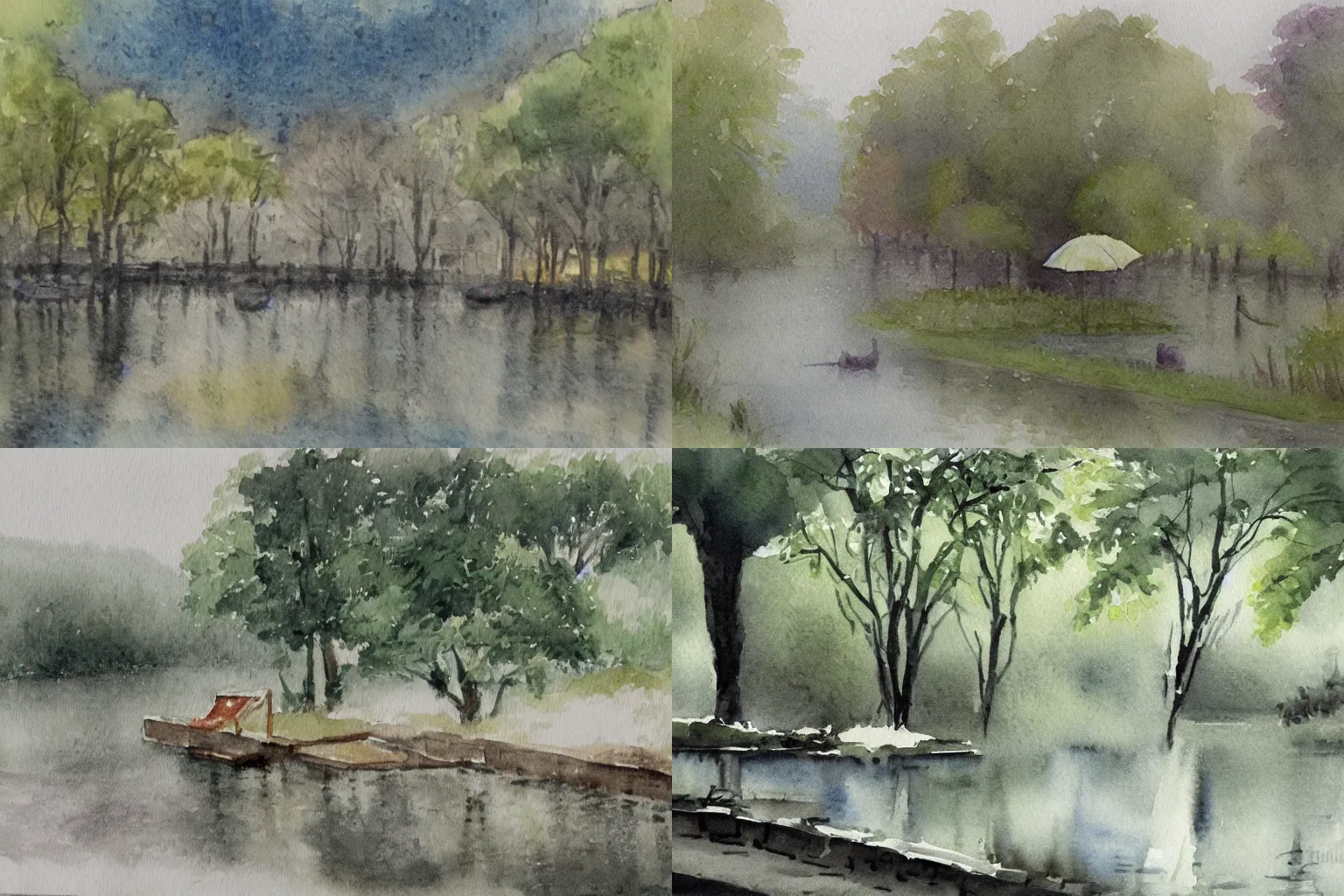 Prompt: A rainy day by the riverside, watercolor painting