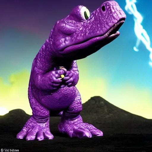 Image similar to barney the purple dinosaur burns in the lava of mount doom clutching the one ring