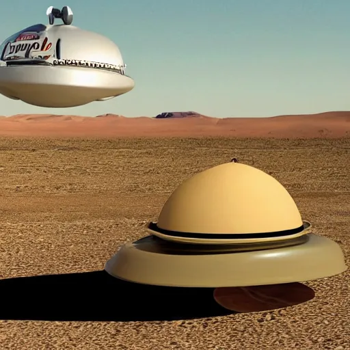 Prompt: a flying saucer in desert with donald trump on the ground underneath it being pulled inside