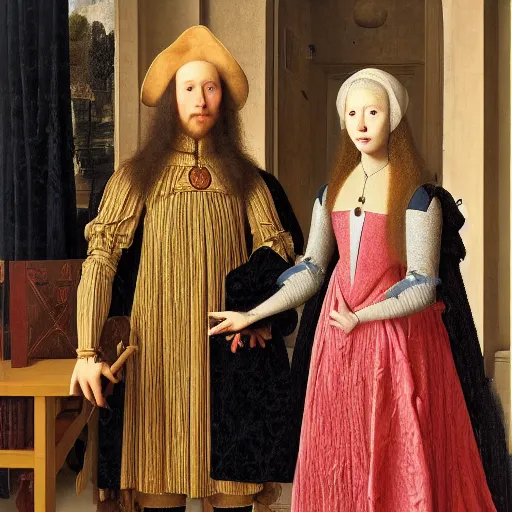 Image similar to the arnolfini portrait, highly accurate, 8 k, highly ornate intricate details,