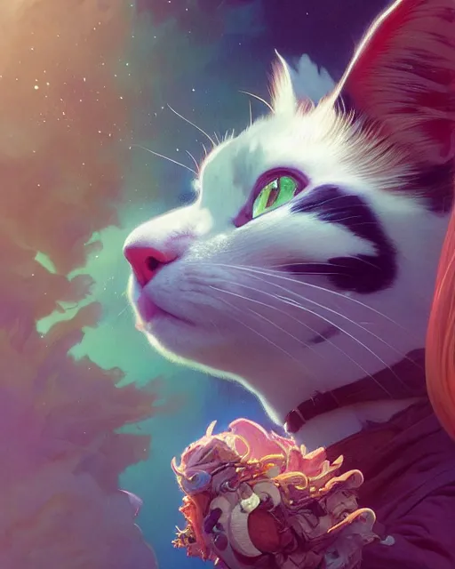 Prompt: highly detailed surreal vfx portrait of a calico cat, stephen bliss, unreal engine, greg rutkowski, loish, rhads, beeple, makoto shinkai and lois van baarle, ilya kuvshinov, rossdraws, tom bagshaw, alphonse mucha, global illumination, detailed and intricate environment