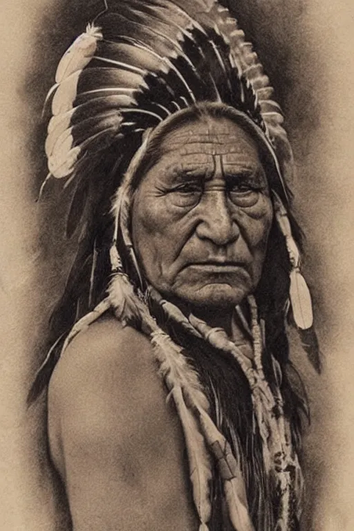 Prompt: “Native American indian, chief sitting bull, portrait, wearing headdress with feathers, pain and sadness on his face, drawn with charcoal pencil, ancient”