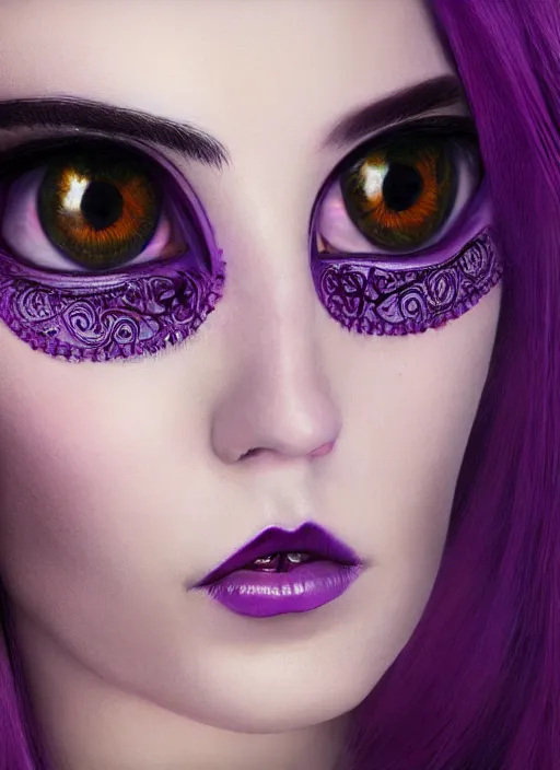 Image similar to photorealistic 3 0 0 0 one eye cyclope beautiful female with purple hair portrait photography feroflex photorealistic studio lighting ektachrome detailed intricate face details, ultradetails, beautiful face, realistic shaded perfect face, extremely fine details