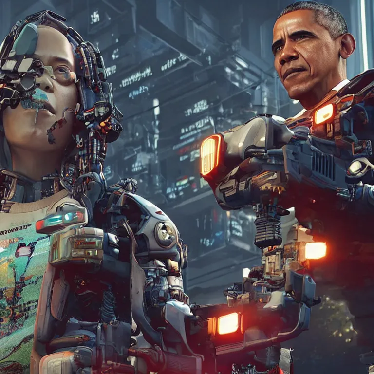 Image similar to barack obama as a cyborg in cyberpunk 2 0 7 7, technological, movie footage, high - tech, still frame