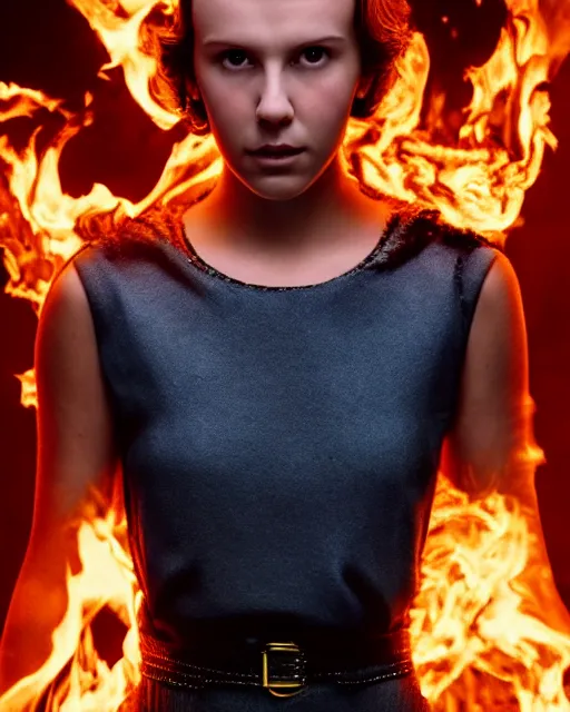 Image similar to Millie Bobby Brown made of fire, cinematic