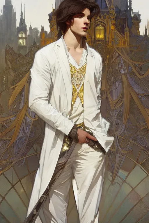 Prompt: portrait of the most beautiful young male ever, modern style, by greg rutkowski and alphonse mucha, d & d character, gradient white to gold, highly detailed portrait, in front of an urban background, digital painting, artstation, concept art, smooth, sharp focus ilustration, artstation hq