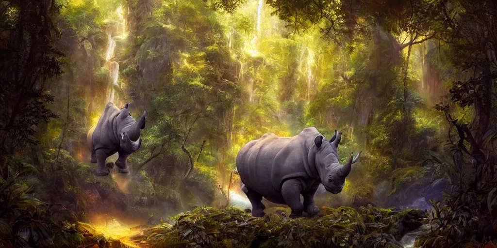 Prompt: rhino in the forest, magical energies emanating from it, waterfall, wide angle, fantasy art, matte painting, sharp focus, vibrant colors, high contrast, illustration, art by justin gerard