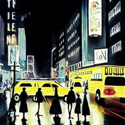 Prompt: a busy crosswalk on a rainy street in new york in the 1 9 6 0 ‘ s with lots of people walking around at night with advertisement neon lights on the buildings around it, painting eugene de la croix high detail, smooth, beautiful, aesthetic,