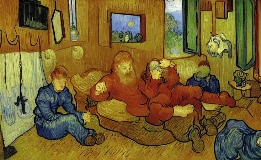 Prompt: crono, marle and frog chilling in comfy house with moody rain outside, painted by van gogh