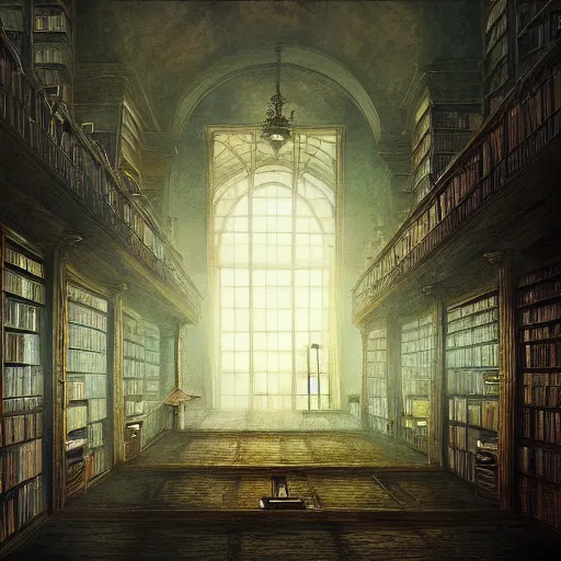 Prompt: Library with filled shelves and mist near the ground, fantasy art