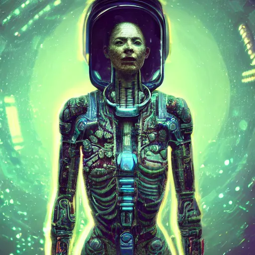 Image similar to hyperrealistic portrait of a woman monster astronaut, full body portrait, well lit, intricate abstract. cyberpunk, intricate artwork, by Tooth Wu, wlop, beeple. octane render,in the style of Jin Kagetsu, James Jean and wlop, highly detailed, sharp focus, intricate concept art, digital painting, ambient lighting, 4k, artstation