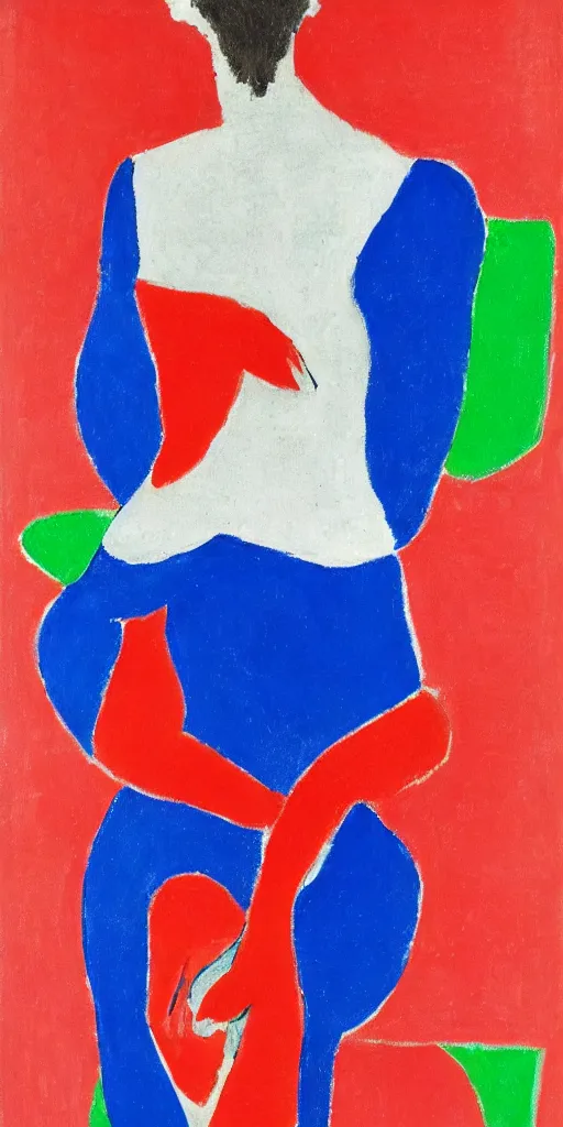 Prompt: full body portrait of a person who has chest pains, they are coughing and clogged and they have fear and pain and burning, in the style of Matisse in a red and cerulean blue theme