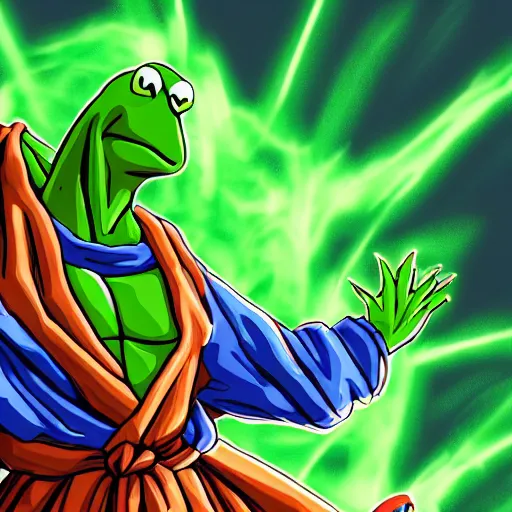 Prompt: kermit powering up to super saiyan 3, colourful, intricate, 4k, trending on artstation