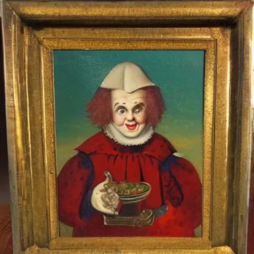 Prompt: an old middle ages oil painting of ronald mcdonald