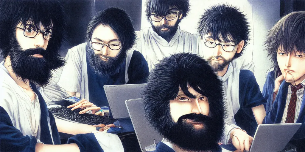 Prompt: programmer, man with beard, computer, by hisashi eguchi, kentaro miura, and yoshitaka amano, futuristic, 8 k