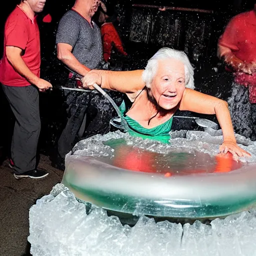 Prompt: sports illustrated photo, an elderly woman sliding wildly down an incredibly long ice luge on her back out of control at an incredibly high speed