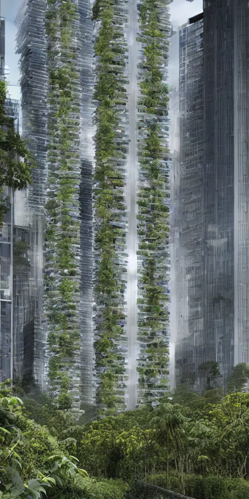 Prompt: an elevational photo by Andreas Gursky of tall and slender futuristic mixed-use towers emerging out of the ground. The towers are covered with trees and ferns growing from floors and balconies. The towers are bundled very close together and stand straight and tall. The towers have 100 floors with deep balconies and hanging plants. Cinematic composition, volumetric lighting, foggy morning light, architectural photography, 8k, megascans, vray.