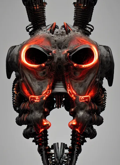 Image similar to a portrait up of a creepy looking biomechanical animal head, gigeresque cyberpunk art by ikuo hirayama, photorealism, octane render, behance hd, polycount, glowing fire background