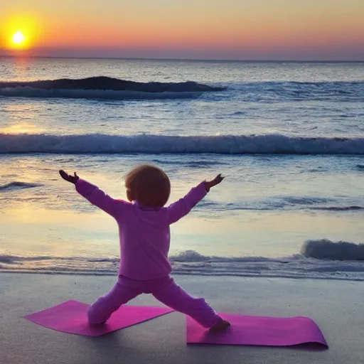 Prompt: Baby yoda doing yoga on the beach at sunset