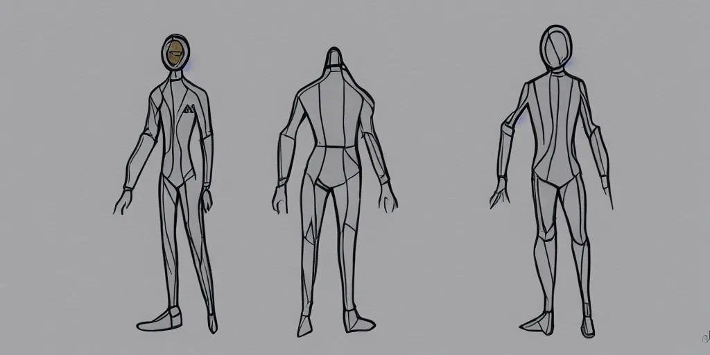 Image similar to male, elongated figure, space suit, minimalist sketch, large shoulders, short torso, long thin legs, tiny feet, character sheet, very stylized, marker shading sketch