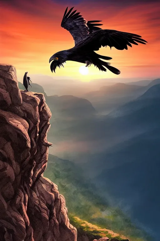 Image similar to elderly man falling off a cliff, tragic moment, 8 k, art by artgerm, award winning photo, sunset in background, wolfs growling on cliff edge, ravens in the sky, highly - detailed