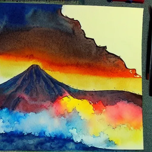 Prompt: a volcano, watercolor art