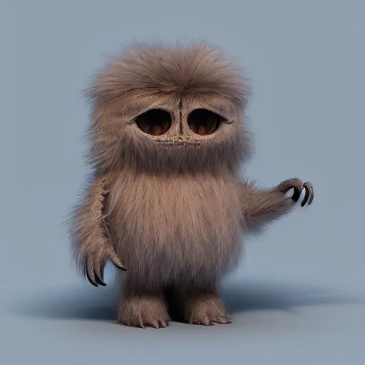 Image similar to small fluffy sad cute monster with big eyes, 3 d, photorealistic, ultra - details