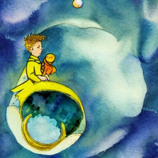 Image similar to the little prince on a little crystal planet floating in space, watercolors by antoine de saint exupery