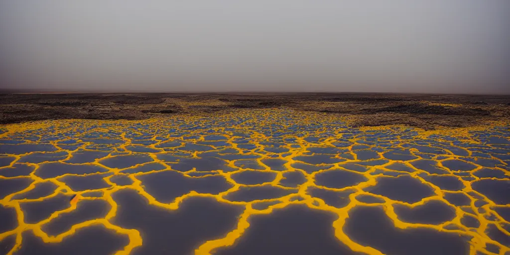 Prompt: the dallol volcano in the danakil desert of ethiopia, a surreal landscape with bright and garish yellow colors, by ghibli and atey ghailan, a neon graveyard, mist, fog