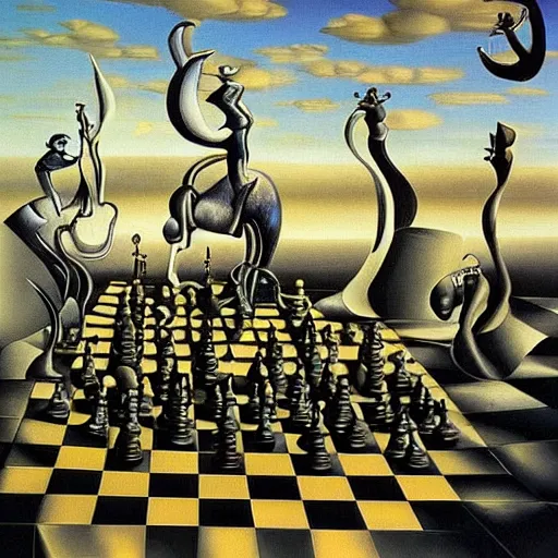 Prompt: an infinite chessboard covered with abstract chess pieces in a surreal landscape, surrealism, by Salvador Dali, intricate, complex, highly detailed, masterpiece