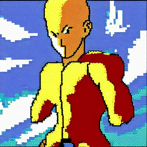 Prompt: pixel art of saitama in an action pose