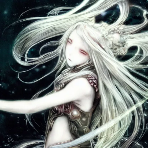 Image similar to yoshitaka amano style blurred and dreamy illustration, renaissance oil portrait, realistic anime girl with long wavy white hair fluttering in the wind and black eyes wearing elden ring style armor with engraving, highly detailed, ruins in the background, strange camera angle, three - quarter view, noisy film grain effect