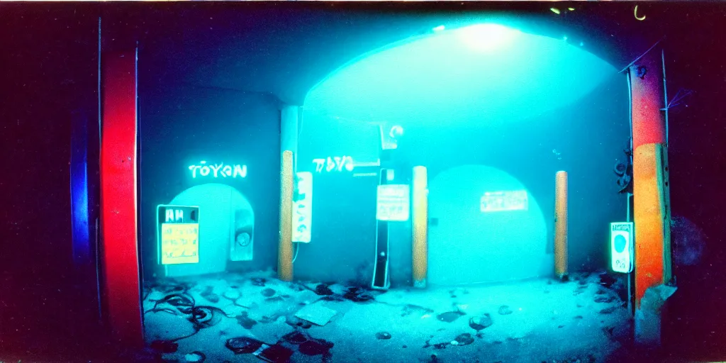 Prompt: 1 9 7 0 s underwater footage of a portal at the end of a tokyo alley, non - euclidean, neon lights, ektachrome photograph, volumetric lighting