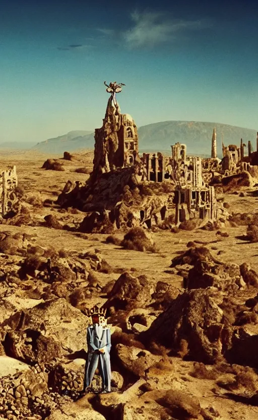 Prompt: salvador dali wearing a crown with jewels in a dry rocky desert landscape, visible sky and sunny atmosphere, alien city ruins in the background, film still from the movie by alejandro jodorowsky with cinematogrophy of christopher doyle and art direction by hans giger, anamorphic lens, kodakchrome, very detailed photo, 8 k