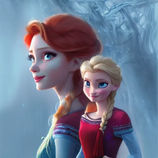 Prompt: elsa & anna, portrait, highly detailed, trending on artstation, d & d, concept art, sharp focus, red hair, illustration, digital painting, art by artgerm and greg rutkowski and magali villeneuve