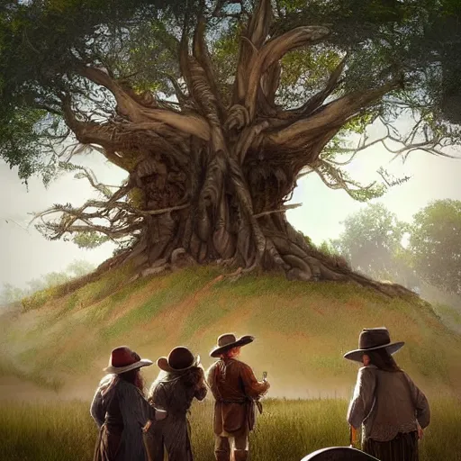 Image similar to hobbits wearing cowboy hats hiring under a tree from wraiths, artstation digital art