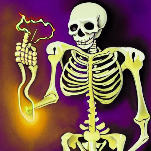 Prompt: a painting of a skeleton wearing a business suit and smoking a glowing purple cigar with glowing purple eyes, digital art, portrait, detailed