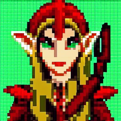 Prompt: female elf warrior portrait on a dark background, high quality pixel art