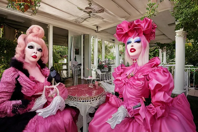 Prompt: Angelyne and martina bigg share stories on the veranda, painted by mark ryden